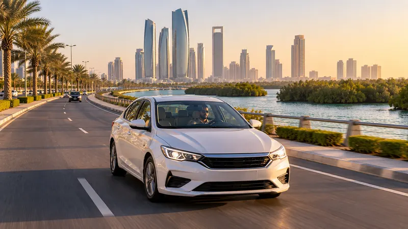 A car on a wide Abu Dhabi corniche road with mangroves and calm water alongside
