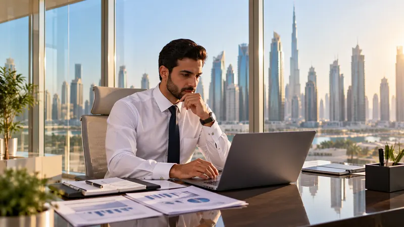 A professional reviewing market charts on a laptop in a glass office overlooking a business district