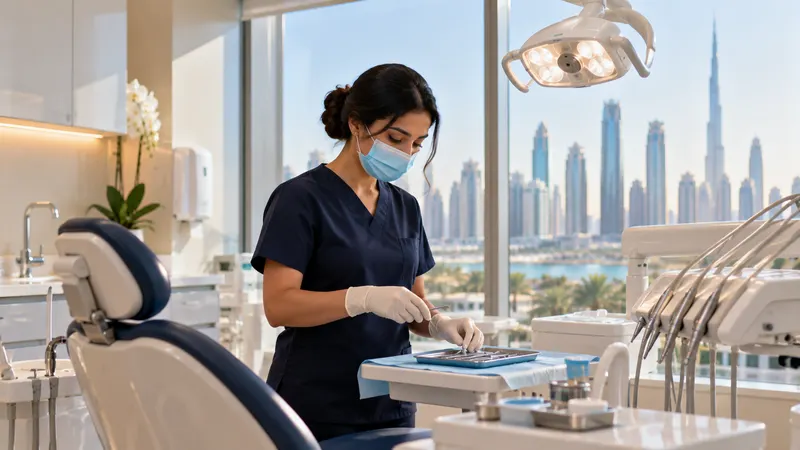 An empty dental chair under a lamp in a modern Dubai dental clinic