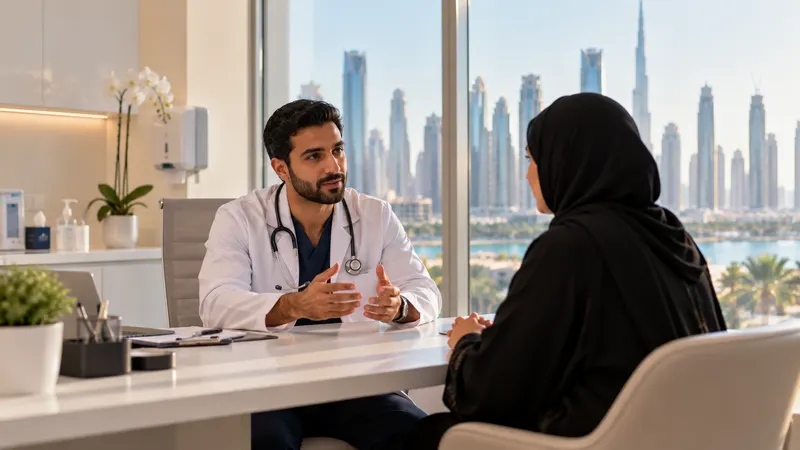 A GP consulting a patient in a clean, modern clinic with a city view through the window