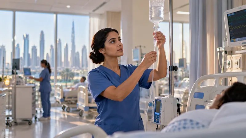 Nurse checking an IV drip in a modern, bright Dubai hospital ward