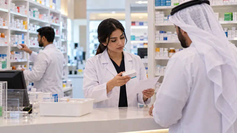 Pharmacist at a dispensing counter with shelves of unbranded medicine boxes behind