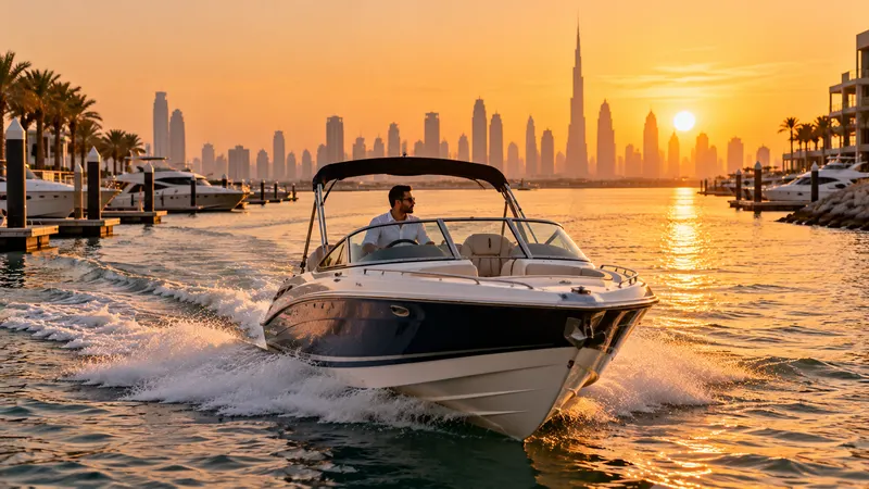 A speedboat leaving a marina at golden hour, with the city skyline faint on the horizon