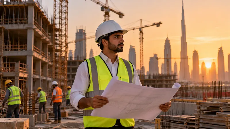 An engineer in a hard hat reviewing a building site under construction, with tower cranes against a sunset sky