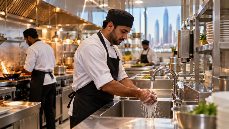 A kitchen worker in a hair net washing hands at a stainless steel sink in a busy restaurant kitchen