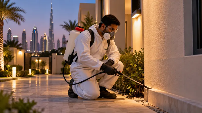A pest control technician in protective gear inspecting the outside of a building in the evening