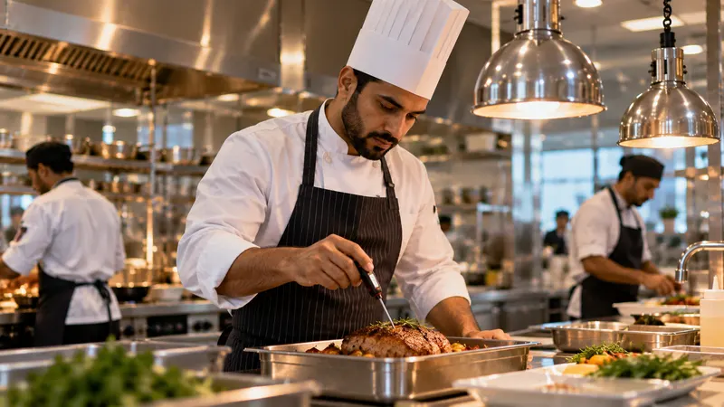 A chef supervisor checking a probe thermometer in a freshly cooked dish on a steel kitchen counter