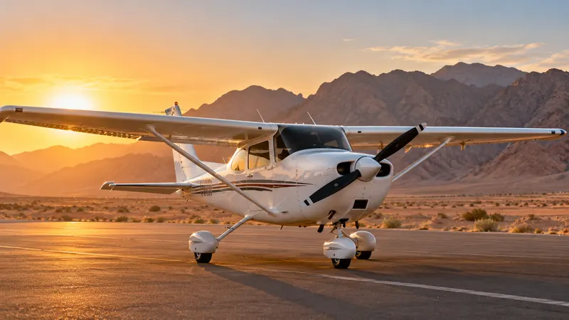 A small training aircraft on a desert airstrip with rugged mountains behind it