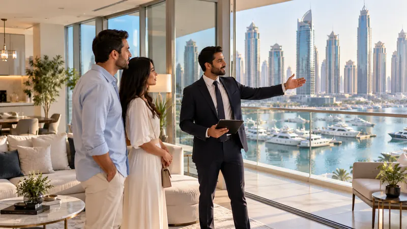 A property agent showing a bright marina apartment with a balcony view over the water