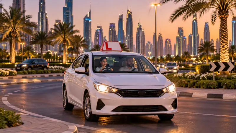 A learner car at a palm-lined Dubai roundabout at dusk, with towers blurred in the background