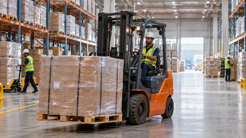 A forklift carrying a pallet low across a bright, clean warehouse floor with tall racking behind