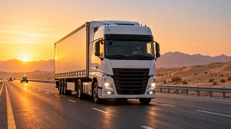 A truck on a desert highway at sunrise, with sand dunes beside the road