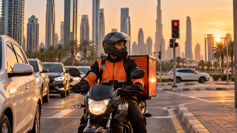 A delivery motorbike waiting at a Dubai traffic light in warm evening light