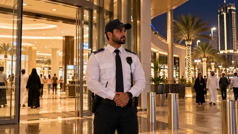 A uniformed security guard standing at a shopping mall entrance at night under warm lights