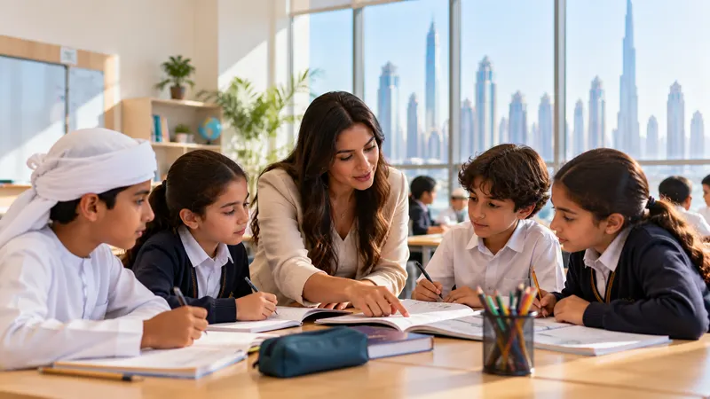 A teacher guiding a small group of students at a table in a bright classroom